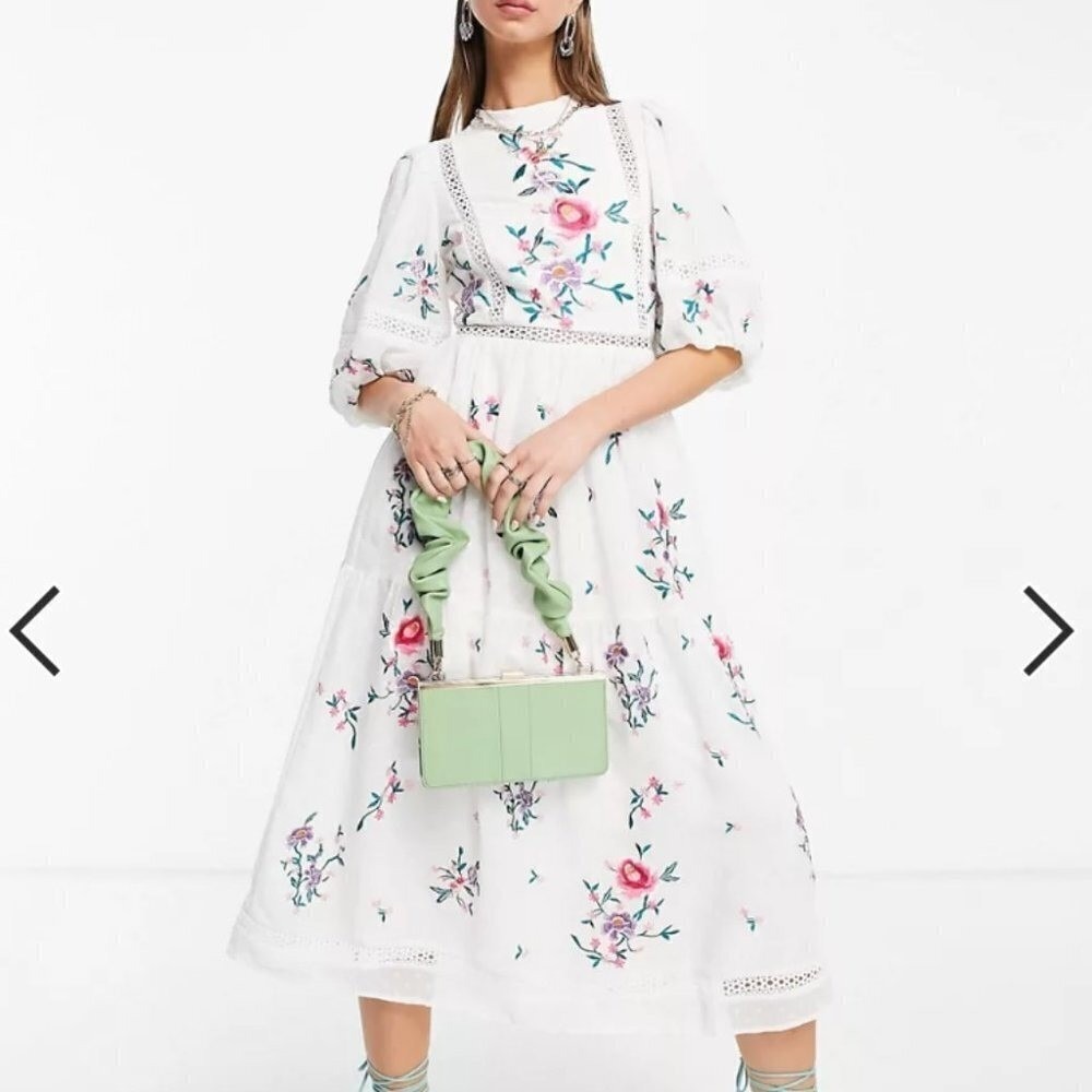 ASOS DESIGN White Floral Embroidered Puff Sleeve Lace Midi Dress US 4 UK 8 Boho